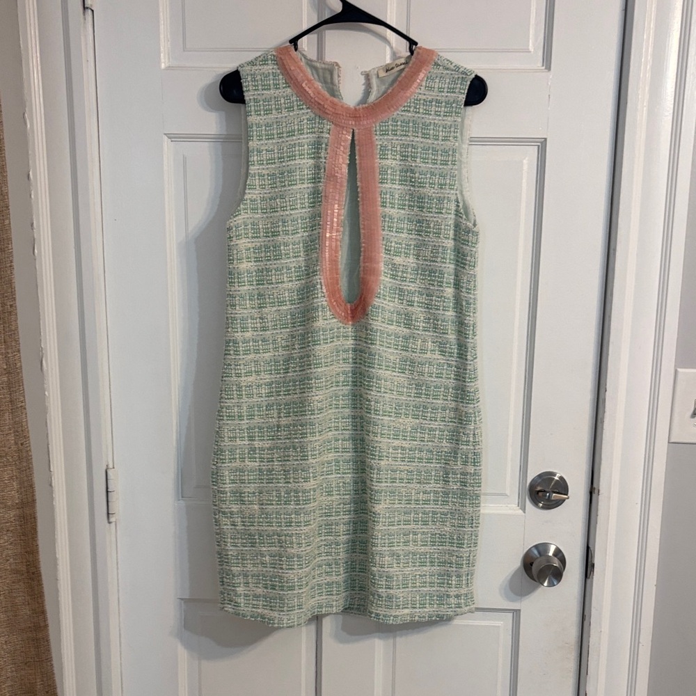 Sleeveless Mint Tweed Tunic with Pink Trim